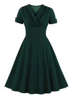 Vintage Kleider Dunkelgrün 50er jahre mode Polyester Kurzarm Rockabilly kleid V-Ausschnitt Kleider Damenmode