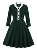 Vintage Kleider Dunkelgrün Langarm 50er jahre mode Rockabilly kleid V-Ausschnitt Polyester im Retro-Style