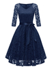 Vintage Kleider Dunkelmarineblau 50er jahre mode und Schleife Spitze Rockabilly kleid 3/4 Ärmel Kleider V-Ausschnitt für Sommer Damenmode
