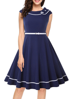 Vintage Kleider Dunkelmarineblau Kurzarm 50er jahre mode Rockabilly kleid mit Rundkragen Kleider Baumwolle im Retro-Style für Sommer Damenmode