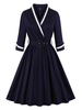Vintage Kleider Dunkelmarineblau mit Farbblock 50er jahre mode Rockabilly kleid Langarm Kleider V-Ausschnitt Baumwolle im Retro-Style mittellang