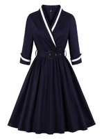 Vintage Kleider Dunkelmarineblau mit Farbblock 50er jahre mode Rockabilly kleid Langarm Kleider V-Ausschnitt Baumwolle im Retro-Style mittellang
