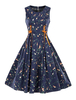 Vintage Kleider Dunkelmarineblau mit Printmuster 50er jahre mode Rockabilly kleid und Schnüren ärmellos und Rundkragen Baumwolle im altmodischen Stil