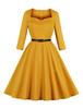 Vintage Kleider Gelb 50er jahre mode mit Falten Baumwolle Rockabilly kleid 3/4 Ärmel Kleider Herz-Ausschnitt für Sommer und Frühling Damenmode