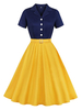 Vintage Kleider Gelb 50er jahre mode mit Knöpfen Polyester Rockabilly kleid Kurzarm Kleider und Umlegekragen mittellang