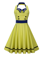 Vintage Kleider Gelb Cutouts gemischten Baumwollen Rockabilly kleid ärmellos Kleider mit Umlegekragen mittellang