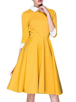 Vintage Kleider Gelb mit Farbblock 50er jahre mode Rockabilly kleid und Falten 3/4 Ärmel und Umlegekragen Polyester im altmodischen Stil knielang