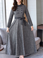 Vintage Kleider Grau 50er jahre mode mit Knöpfen Polyester Rockabilly kleid Langarm Kleider und Umlegekragen für Herbst Damenmode