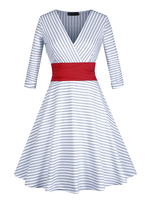 Vintage Kleider Grau 50er jahre mode Polyester 3/4 Ärmel Rockabilly kleid V-Ausschnitt Kleider und Frühling Damenmode