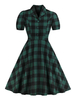 Vintage Kleider Grün mit Plattem Muster 50er jahre mode Rockabilly kleid und Falten Kurzarm und Umlegekragen Baumwolle im altmodischen Stil