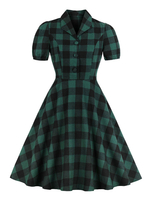 Vintage Kleider Grün mit Plattem Muster 50er jahre mode Rockabilly kleid und Falten Kurzarm und Umlegekragen Baumwolle im altmodischen Stil