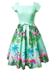 Vintage Kleider Grün mit Print 50er jahre mode Rockabilly kleid und Gürtel Kurzarm viereckiger Ausschnitt Nylon