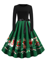 Vintage Kleider Grün Weihnachten-Motiv 50er jahre mode Rockabilly kleid Langarm Kleider mit Rundkragen Polyester im Retro-Style Damenmode für Herbst