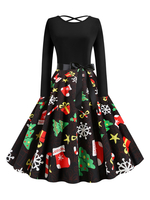 Vintage Kleider Grün Weihnachten-Motiv 50er jahre mode Rockabilly kleid mit Schleife Langarm und Rundkragen Polyester im Retro-Style