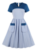 Vintage Kleider Hellschiefergrau mit Plaidmuster 50er jahre mode Kurzarm V-Ausschnitt Polyester im Retro-Style