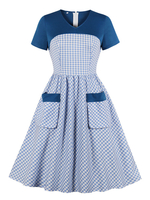Vintage Kleider Hellschiefergrau mit Plaidmuster 50er jahre mode Kurzarm V-Ausschnitt Polyester im Retro-Style