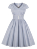 Vintage Kleider Hellschiefergrau mit Polka-Tupfen 50er jahre mode Rockabilly kleid und Falten Kurzarm V-Ausschnitt Baumwolle im altmodischen Stil