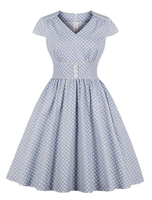 Vintage Kleider Hellschiefergrau mit Polka-Tupfen 50er jahre mode Rockabilly kleid und Falten Kurzarm V-Ausschnitt Baumwolle im altmodischen Stil