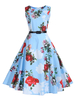 Vintage Kleider Hellschiefergrau mit Rose Muster 50er jahre mode Rockabilly kleid ärmellos und Rundkragen Polyester-Baumwolle im altmodischen Stil