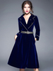Vintage Kleider Königsblau mit Gürtel 50er jahre mode Rockabilly kleid Langarm Kleider und Notch Ausschnitt Velours im schicken & modischen Style