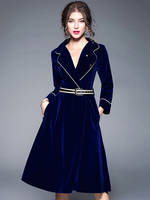 Vintage Kleider Königsblau mit Gürtel 50er jahre mode Rockabilly kleid Langarm Kleider und Notch Ausschnitt Velours im schicken & modischen Style
