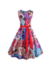 Vintage Kleider Lila mit Printmuster 50er jahre mode Rockabilly kleid ärmellos und Rundkragen gemischten Baumwollen