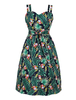 Vintage Kleider mit Blattmuster Grün und Knöpfen Rockabilly kleid Baumwolle ärmellos V-Ausschnitt knielang