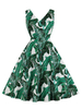 Vintage Kleider mit Blattmuster Grün und Taschen Rockabilly kleid Baumwolle ärmellos V-Ausschnitt knielang