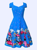 Vintage Kleider mit Cartoon-Figur 50er jahre mode Blau Polyester Rockabilly kleid Kurzarm Kleider V-Ausschnitt Alltagskleidung Damenmode für Sommer
