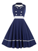 Vintage Kleider mit Farbblock 1950er Jahre Rockabilly Kleid Dunkelmarineblau und Knöpfen gemischten Baumwollen und Herz-Ausschnitt Petticoat Kleid