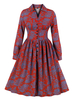 Vintage Kleider mit Farbblock 50er jahre mode Rot Polyester Rockabilly kleid Langarm Kleider V-Ausschnitt knielang