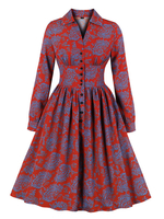 Vintage Kleider mit Farbblock 50er jahre mode Rot Polyester Rockabilly kleid Langarm Kleider V-Ausschnitt knielang