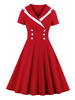 Vintage Kleider mit Farbblock 50er jahre mode Rot und Knöpfen Rockabilly kleid Polyester-Baumwolle Kleider Kurzarm und Umlegekragen Damenmode