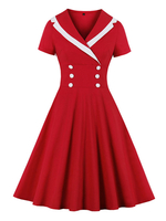 Vintage Kleider mit Farbblock 50er jahre mode Rot und Knöpfen Rockabilly kleid Polyester-Baumwolle Kleider Kurzarm und Umlegekragen Damenmode
