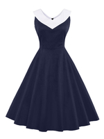 Vintage Kleider mit Farbblock Dunkelblau gemischten Baumwollen Rockabilly kleid ärmellos Kleider und Rundkragen