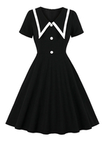 Vintage Kleider mit Farbblock Schwarz und Knöpfen Rockabilly kleid Polyester Kurzarm und Umlegekragen knielang