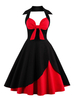Vintage Kleider mit Farbblock Schwarz und Schleife Rockabilly kleid gemischten Baumwollen Kleider ärmellos und Halter und unsymmetrischem Design