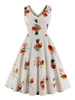 Vintage Kleider mit Fruchtmuster 50er jahre mode Weiß Polyester Rockabilly kleid ärmellos Kleider V-Ausschnitt für Sommer Damenmode