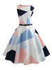 Vintage Kleider mit geometrischem Muster 50er jahre mode Weiß gemischten Baumwollen Rockabilly kleid ärmellos Kleider und Rundkragen für Sommer