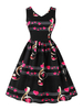 Vintage Kleider mit Herzmuster 50er jahre mode Schwarz und senkrechten Falten Rockabilly kleid Polyester Kleider ärmellos V-Ausschnitt mittellang