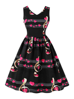 Vintage Kleider mit Herzmuster 50er jahre mode Schwarz und senkrechten Falten Rockabilly kleid Polyester Kleider ärmellos V-Ausschnitt mittellang