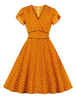 Vintage Kleider mit Herzmuster Orange und Falten Rockabilly kleid Polyester Kurzarm V-Ausschnitt knielang