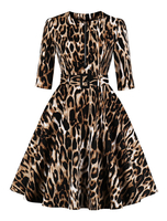 Vintage Kleider mit Leopard-Korn Optik 50er jahre mode Braun und Reißverschluss Rockabilly kleid Baumwolle Kleider 1/2 Ärmel und Rundkragen