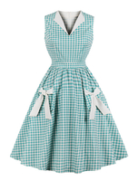 Vintage Kleider mit Plaidmuster 50er jahre mode Blaugrün und Reißverschluss Rockabilly kleid gemischten Baumwollen Kleider ärmellos und Umlegekragen