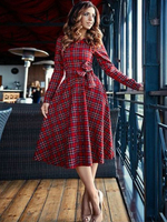 Vintage Kleider mit Plaidmuster 50er jahre mode Burgunderrot und Schleife Rockabilly kleid Leinen Kleider Langarm und Rundkragen