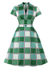 Vintage Kleider mit Plaidmuster 50er jahre mode Grün Polyester Rockabilly kleid Kurzarm Kleider V-Ausschnitt