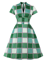 Vintage Kleider mit Plaidmuster 50er jahre mode Grün Polyester Rockabilly kleid Kurzarm Kleider V-Ausschnitt