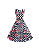 Vintage Kleider mit Plaidmuster 50er jahre mode Schwarz Polyester Rockabilly kleid Kurzarm Kleider und Rundkragen für Sommer Damenmode