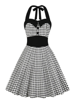 Vintage Kleider mit Plaidmuster 50er jahre mode Schwarz und Knöpfen Rockabilly kleid Polyester Kleider ärmellos und Halter knielang
