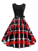 Vintage Kleider mit Plaidmuster 50er jahre mode Schwarz und Schleife Rockabilly kleid Polyester Kleider ärmellos und Rundkragen